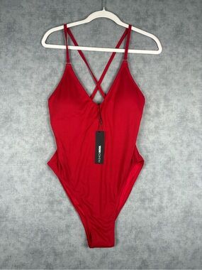 Fashion Nova Davina Red Ribbed One Piece Swimsuit NWT Size Large